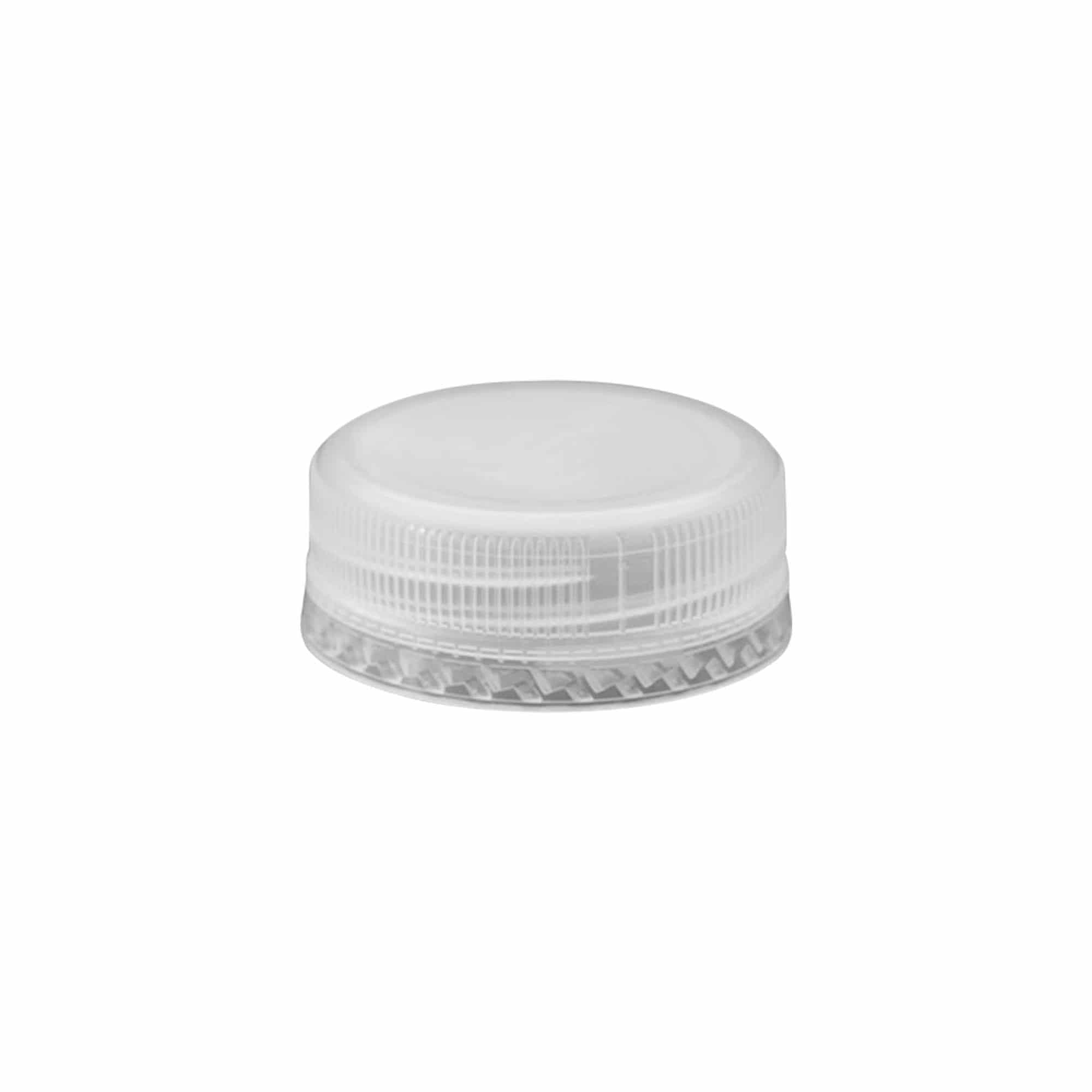Skrūvējams vāciņš ar divu pavedienu sākumu, PE plastmasa, balts, priekš atveres: PET 38 mm