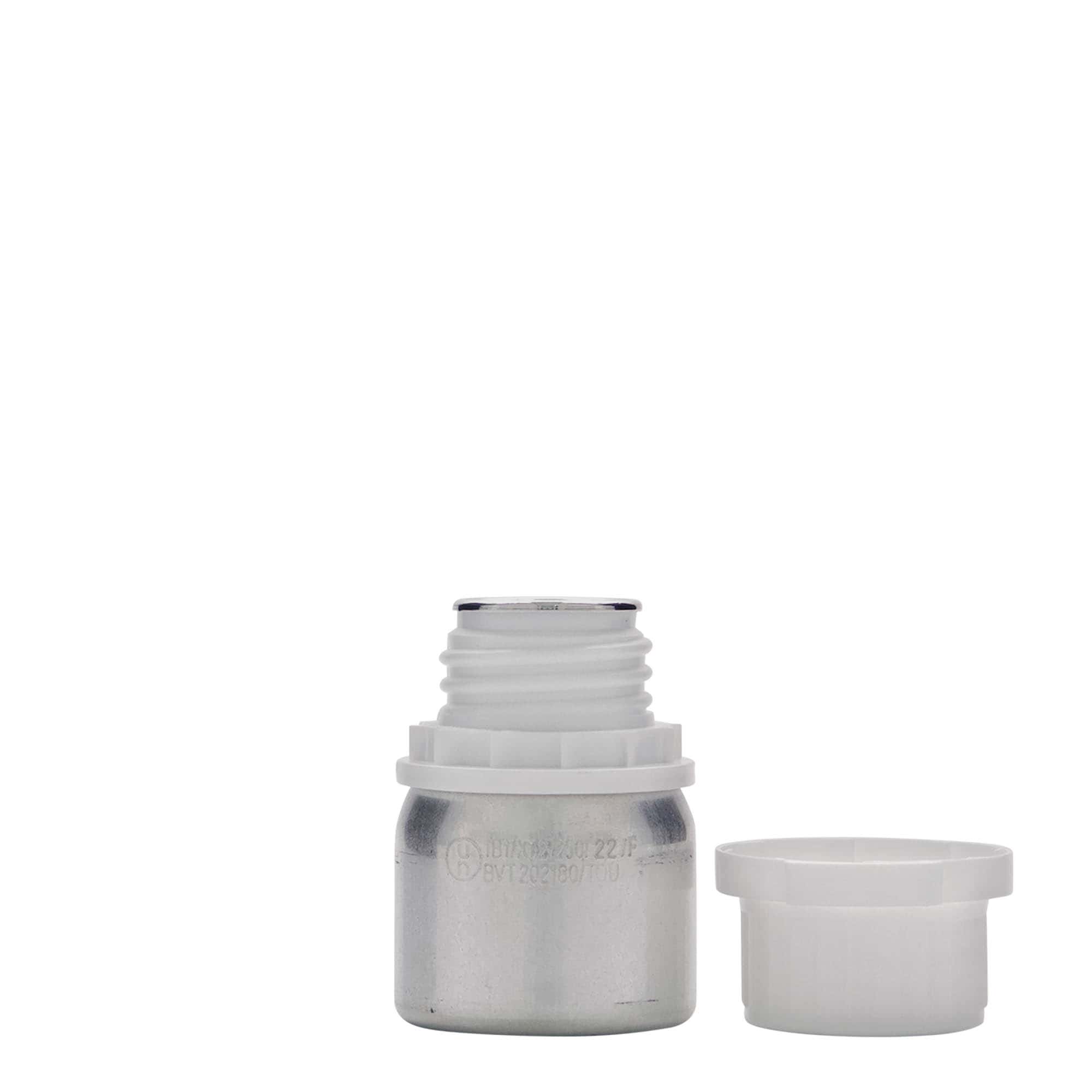 50 ml alumīnija pudele, metāls, sudraba krāsā, atvere: DIN 32