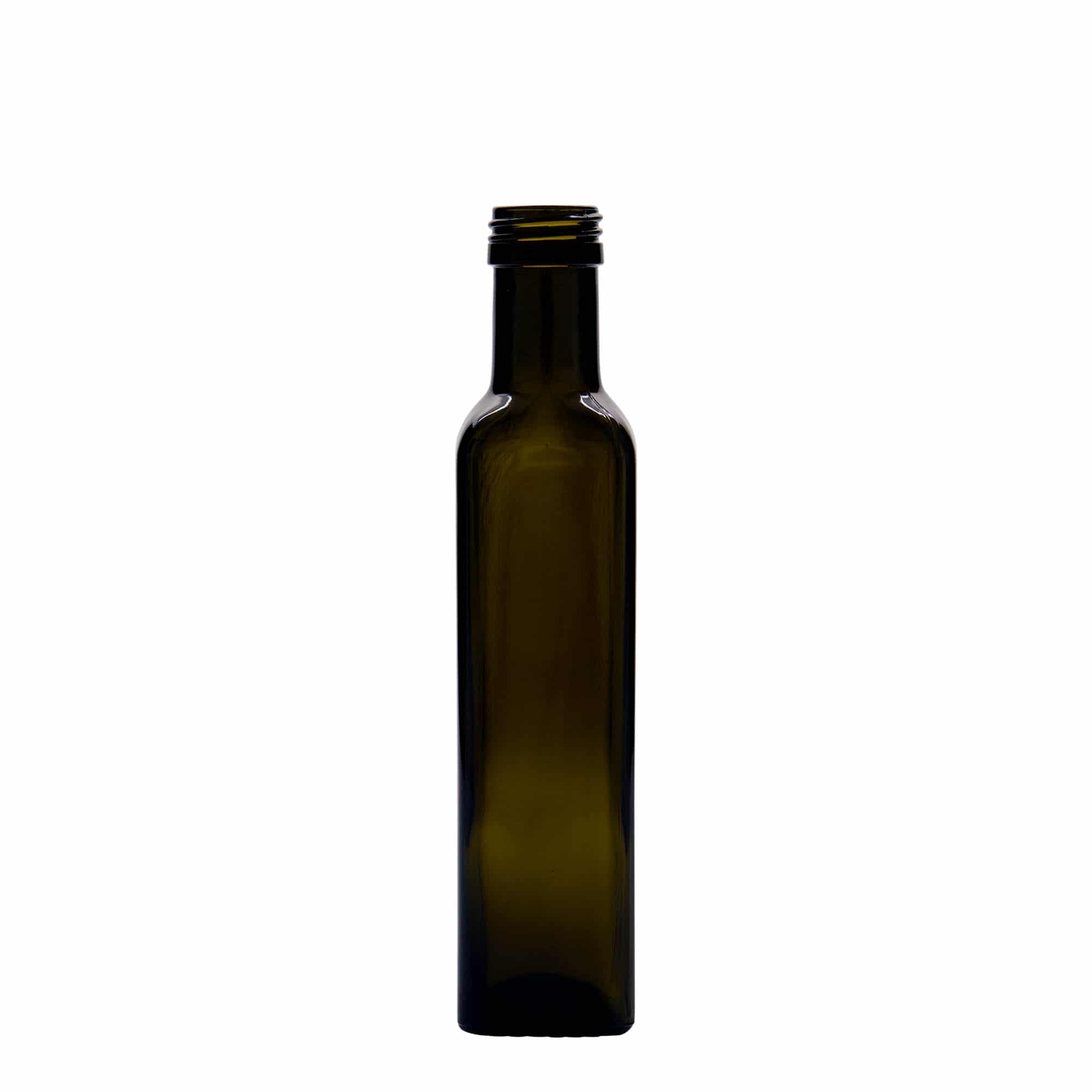 250 ml stikla pudele 'Marasca', kvadrātveida, antīkzaļa, atvere: PP 31,5
