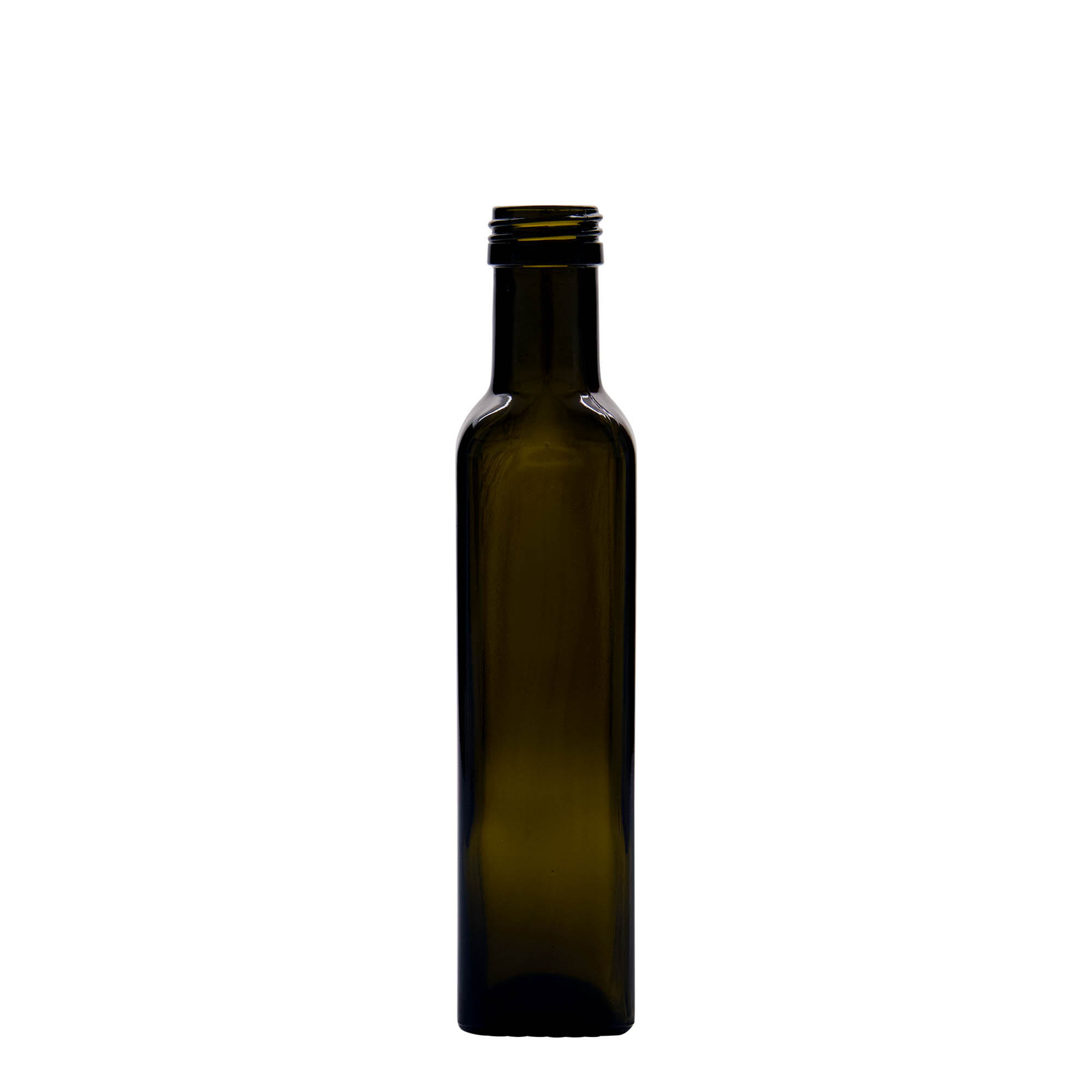 250 ml stikla pudele 'Marasca', kvadrātveida, antīkzaļa, atvere: PP 31,5