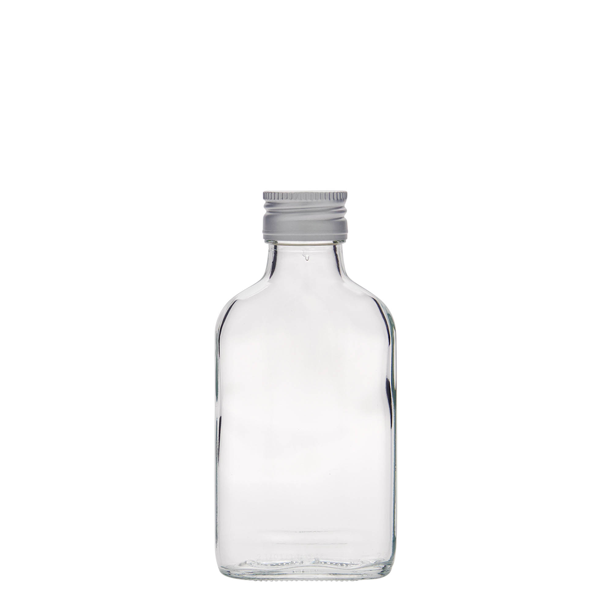 100 ml kabatas pudele, taisnstūrveida, stikls, atvere: PP 28 100 ml kabatas pudele, taisnstūrveida, stikls, atvere: PP 28