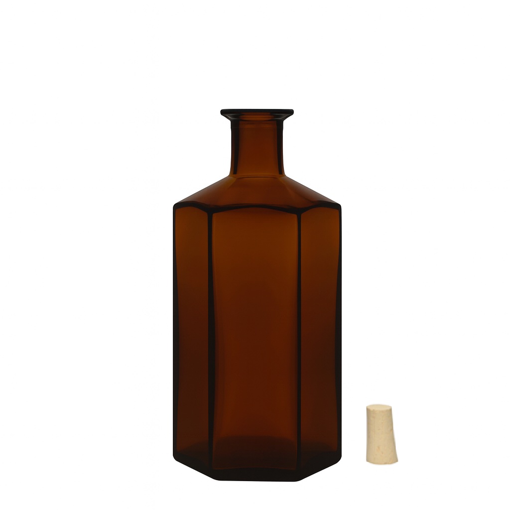500 ml stikla pudele aptiekāram 'Jimmy', sešstūraina, brūna, atvere: korķis