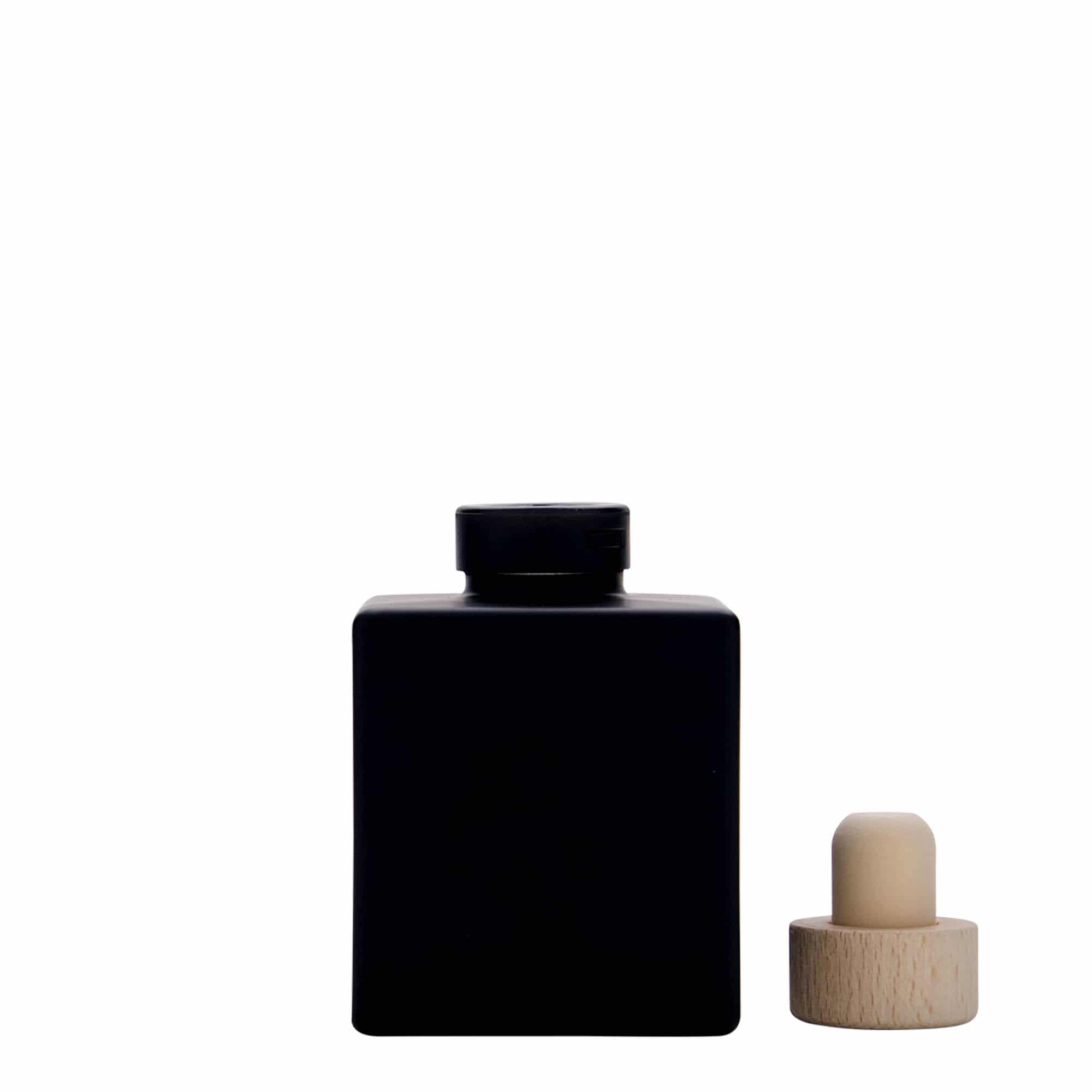 100 ml stikla pudele 'Cube', kvadrātveida, melna, atvere: korķis
