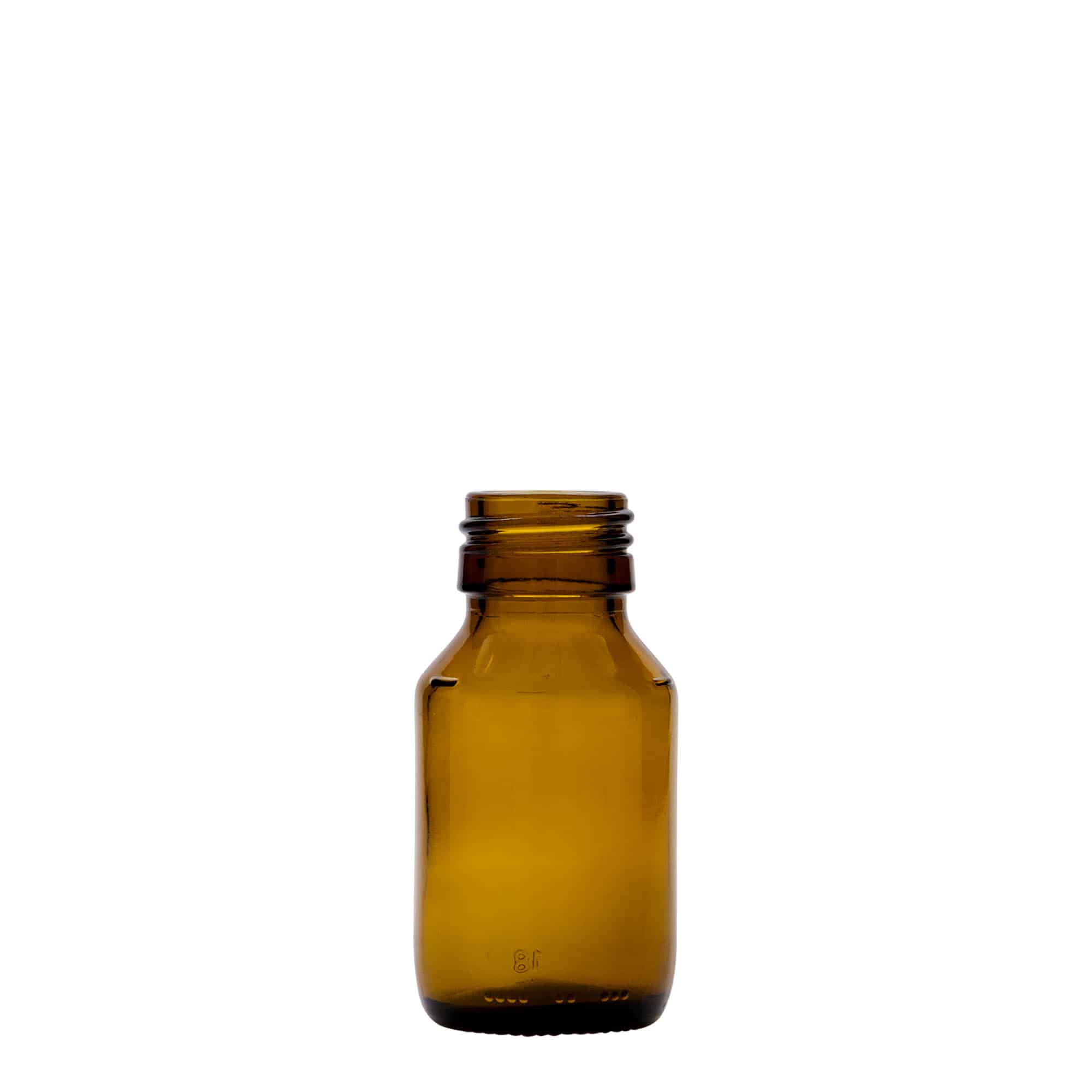 50 ml medicīnas pudele, brūna, stikls, atvere: PP 28