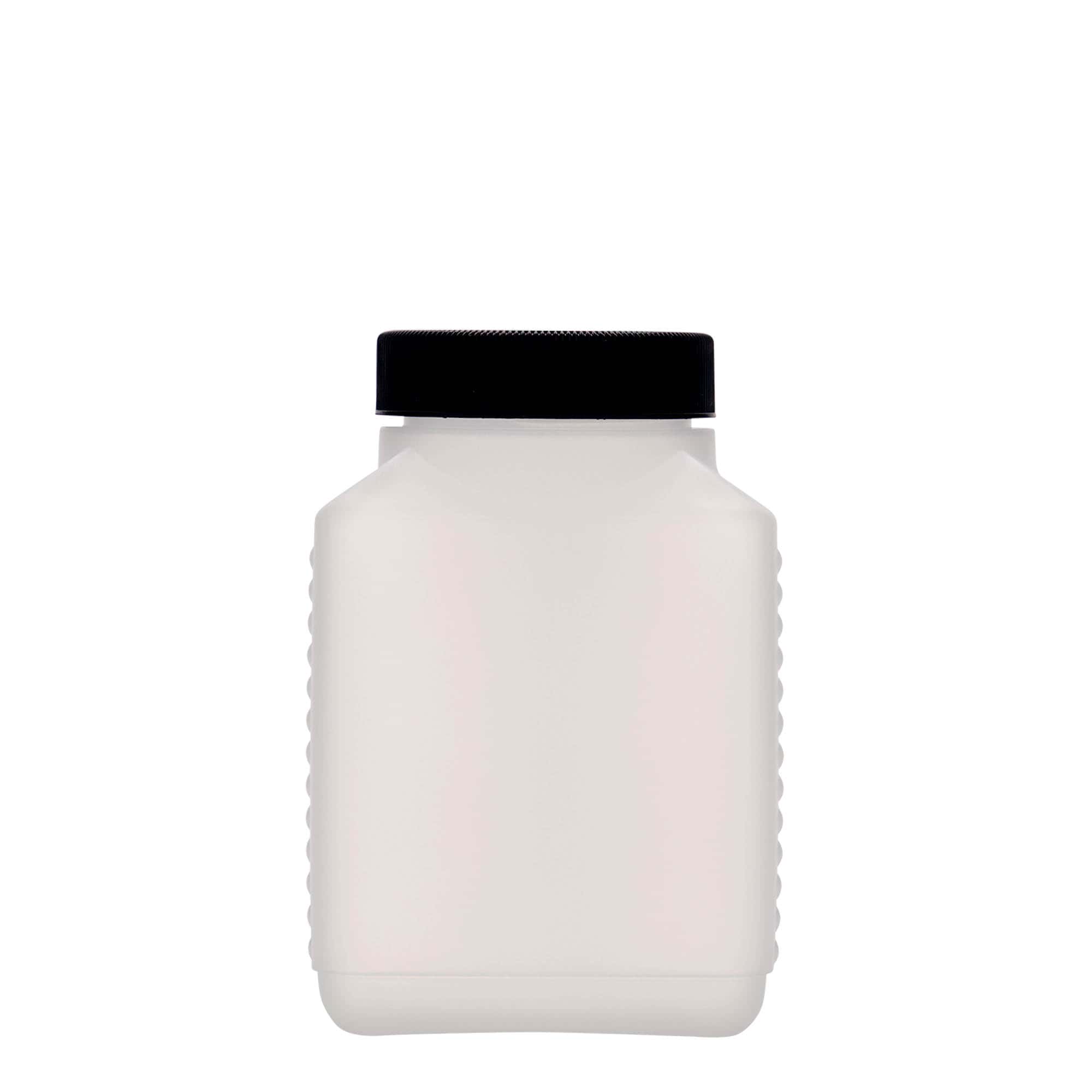 500 ml pudele ar paplašinātu kakliņu, taisnstūra, HDPE plastmasas, dabīga, aizdare: DIN 60 EPE