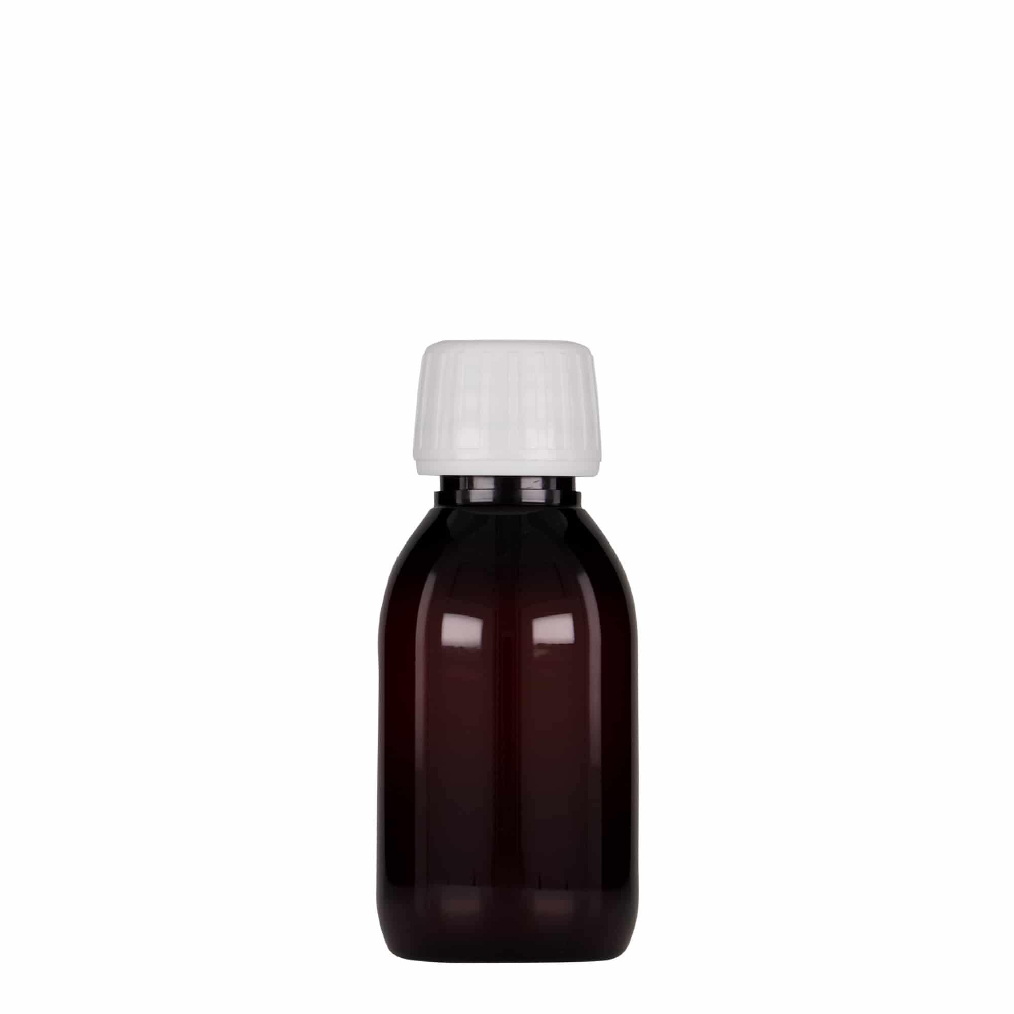 100 ml PET medicīnas pudelīte, brūna, plastmasa, atvere: PP 28