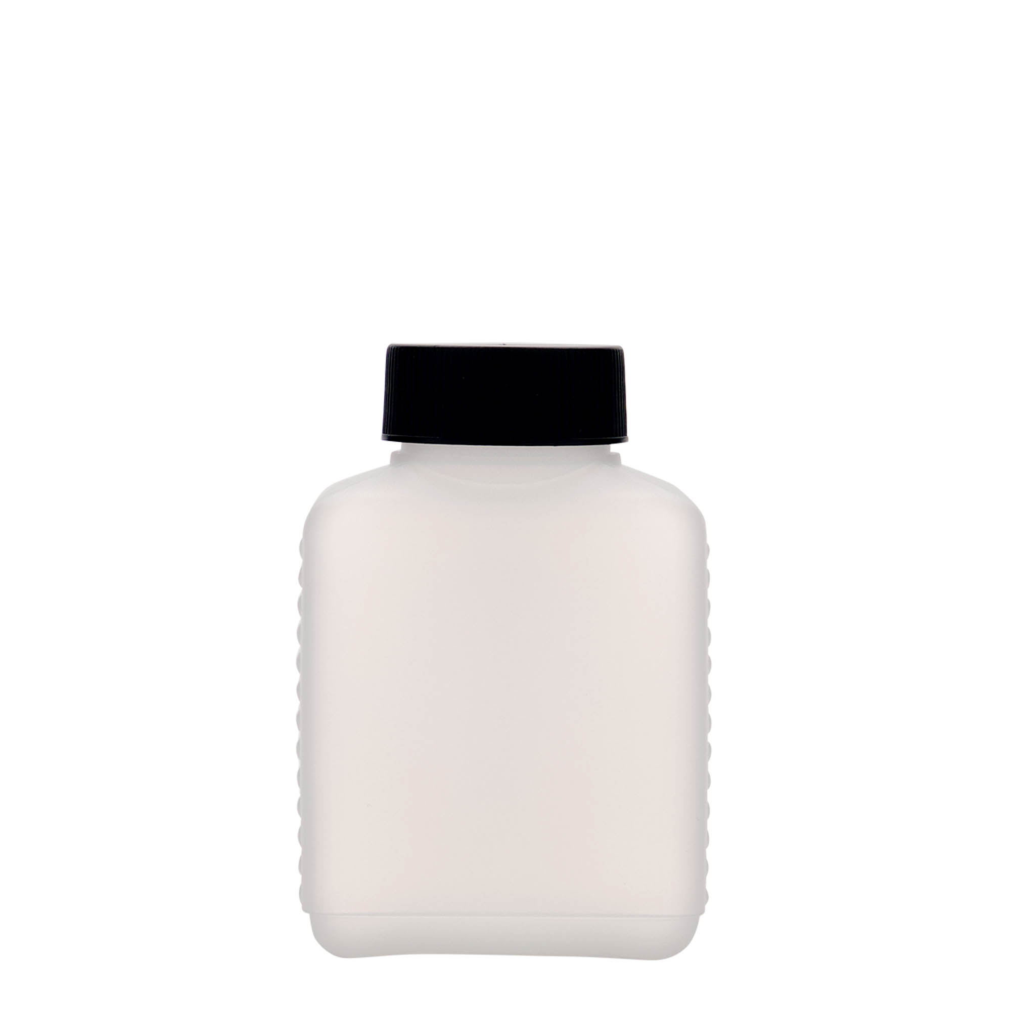 250 ml pudele ar paplašinātu kakliņu, taisnstūra, HDPE plastmasas, dabīga, aizdare: DIN 40 EPE