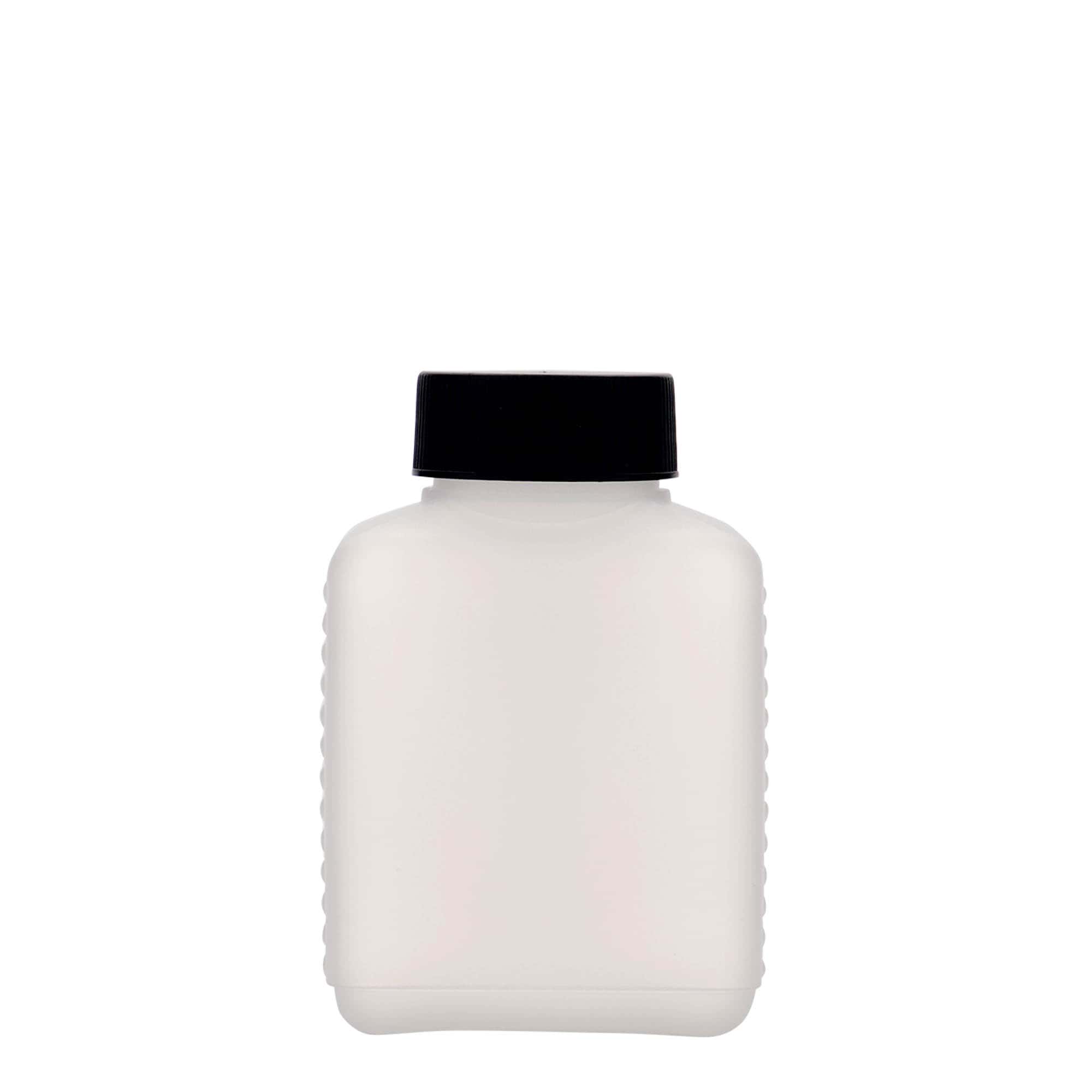 250 ml plata kakla pudele, taisnstūrveida, HDPE plastmasa, dabīga, atvere: DIN 40 EPE