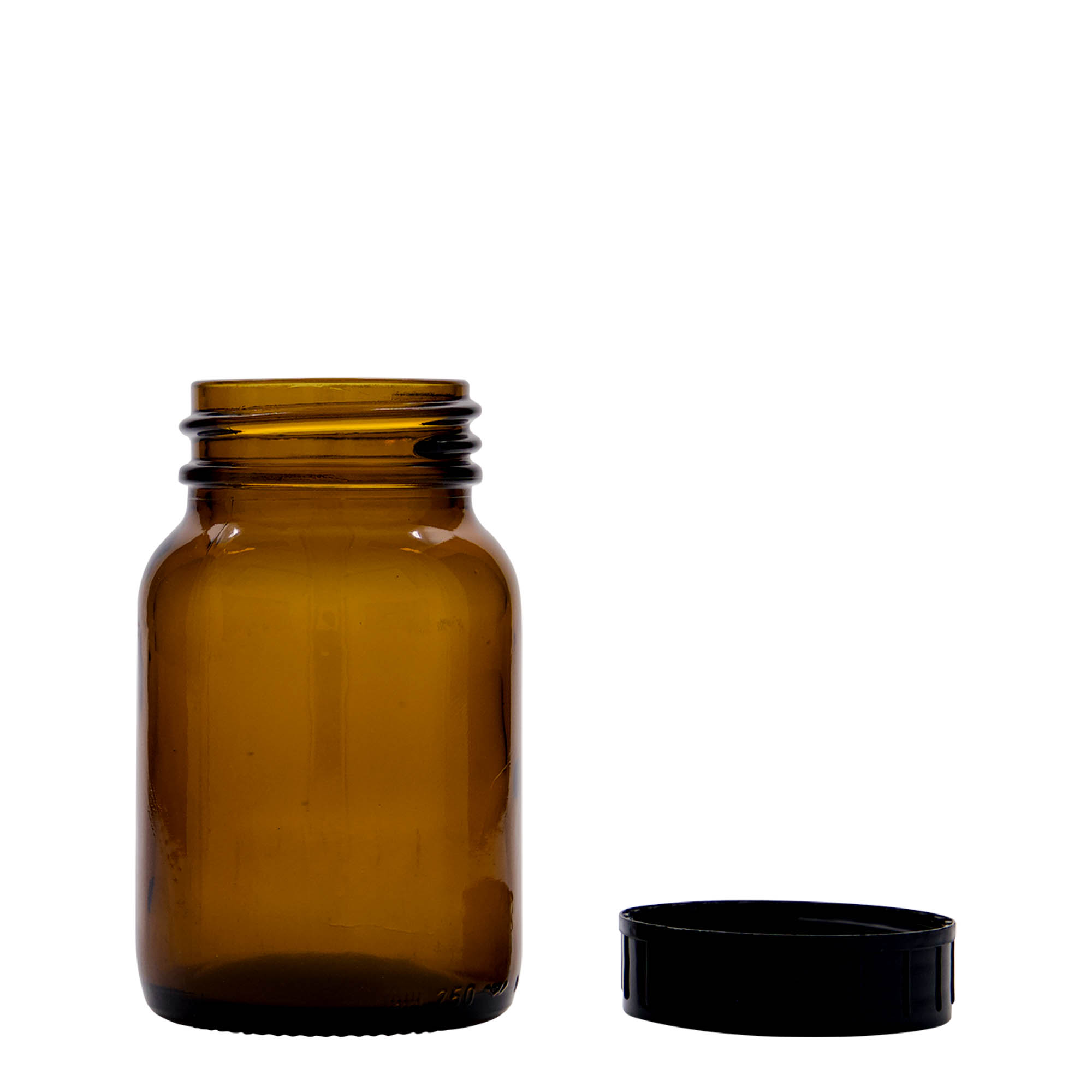250 ml plaša kakla stikla burka, brūna, atvere: DIN 55 250 ml plaša kakla stikla burka, brūna, atvere: DIN 55