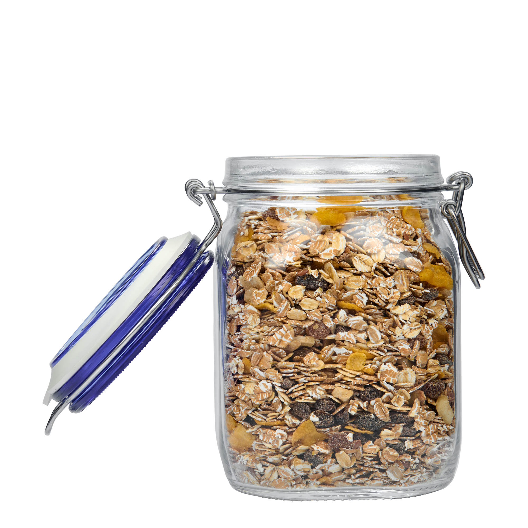 1.000 ml stiklains burka ar metāla aizdari 'Fido' zils vāciņš, kvadrātveida, atvere: metāla aizdare