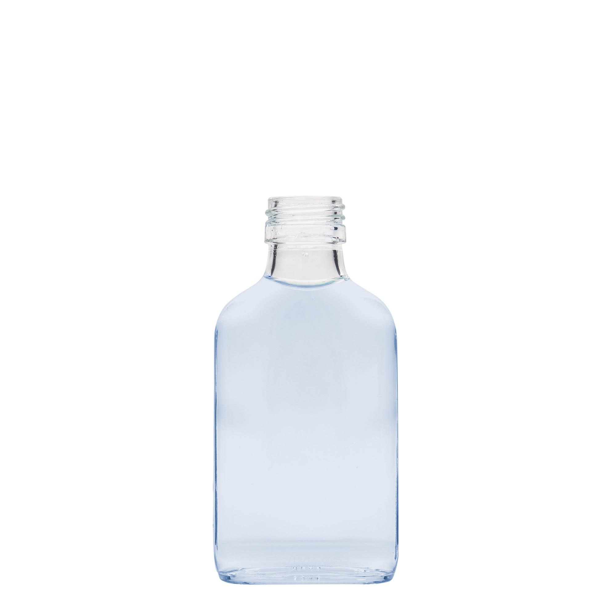 100 ml kabatas pudele, taisnstūrveida, stikls, atvere: PP 28 100 ml kabatas pudele, taisnstūrveida, stikls, atvere: PP 28