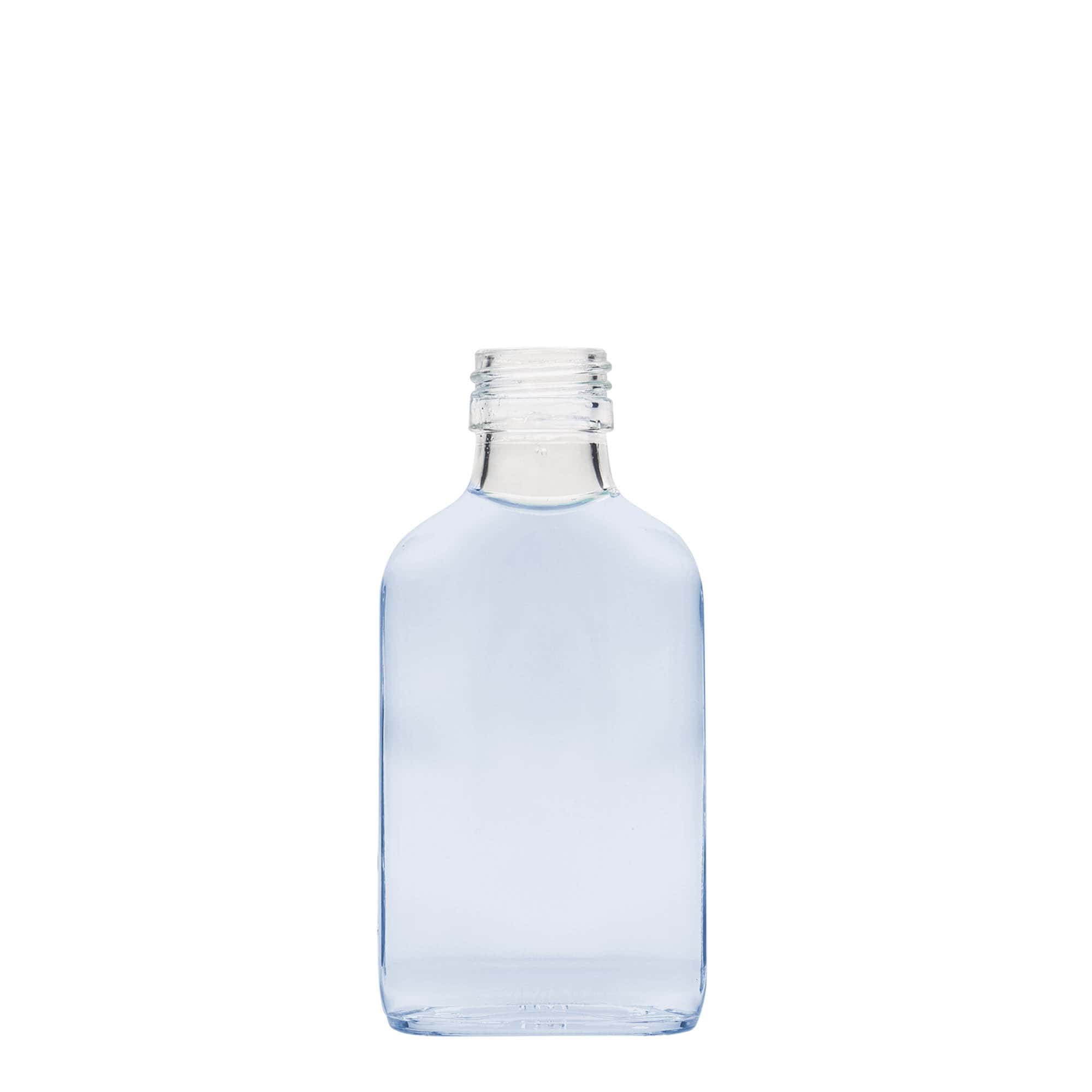 100 ml kabatas pudele, taisnstūrveida, stikls, atvere: PP 28