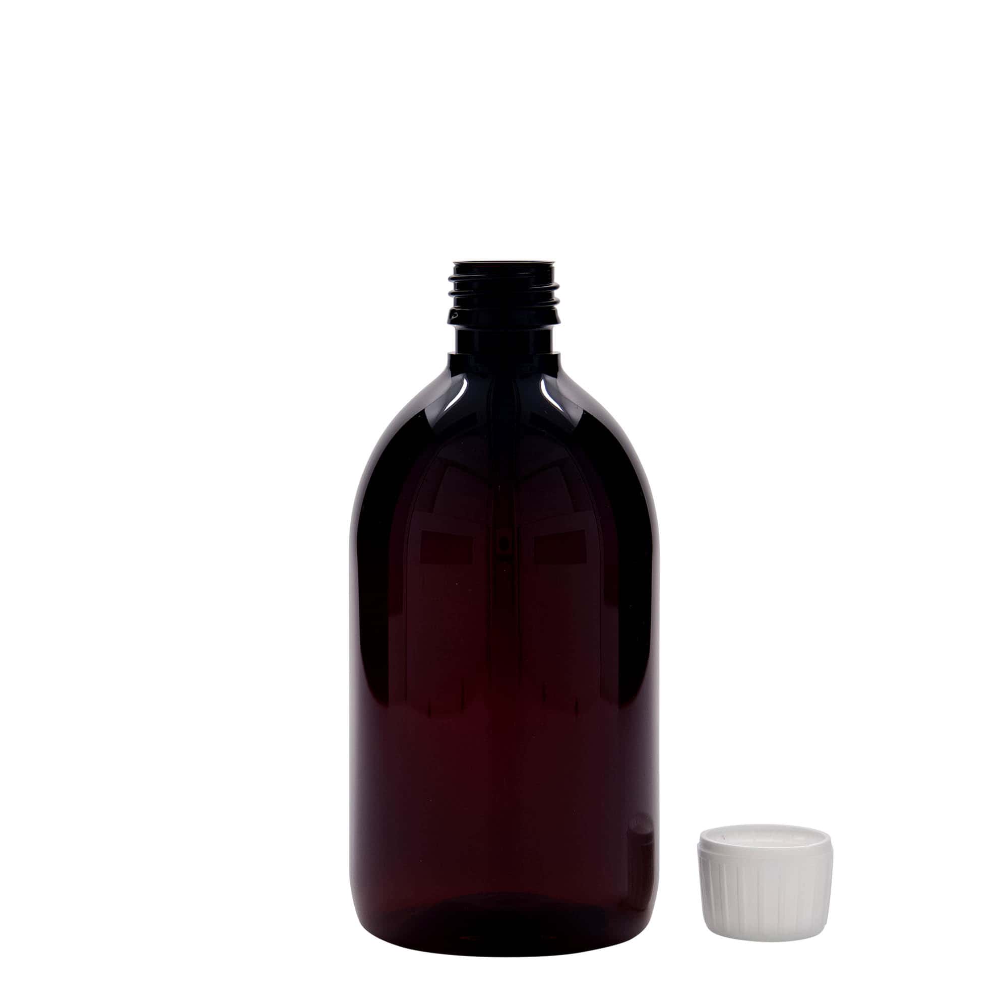 500 ml PET zāļu pudelīte, brūna, plastmasas, aizdare: PP 28