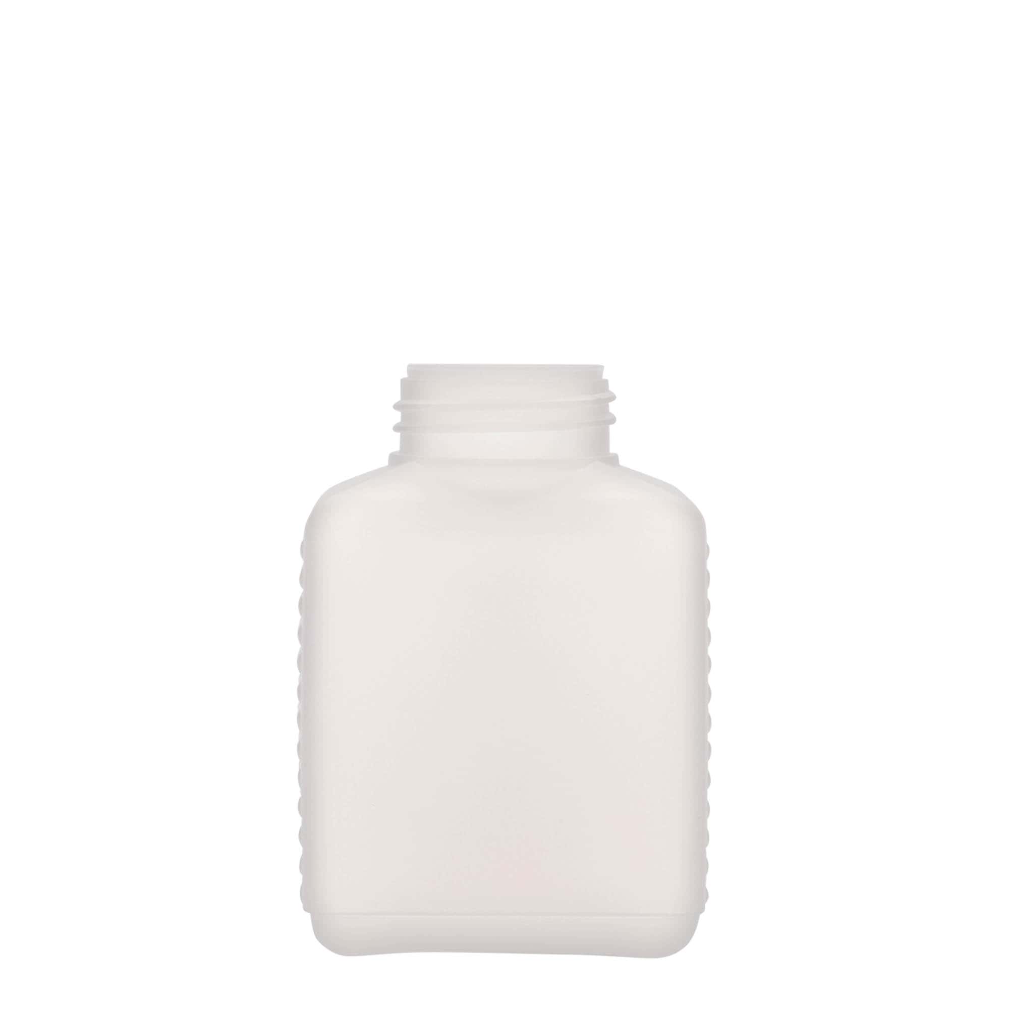 250 ml pudele ar paplašinātu kakliņu, taisnstūra, HDPE plastmasas, dabīga, aizdare: DIN 40 EPE