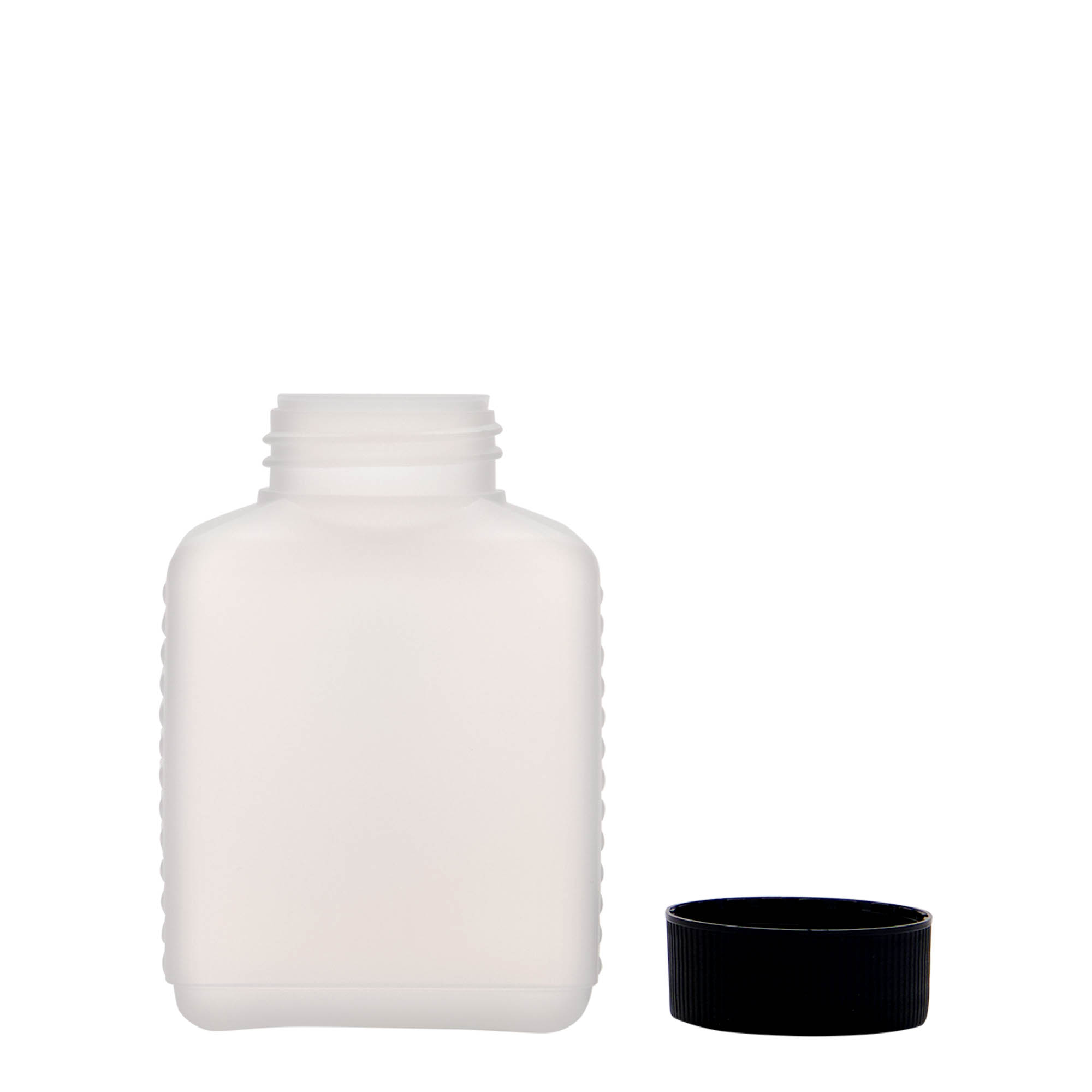 250 ml pudele ar paplašinātu kakliņu, taisnstūra, HDPE plastmasas, dabīga, aizdare: DIN 40 EPE