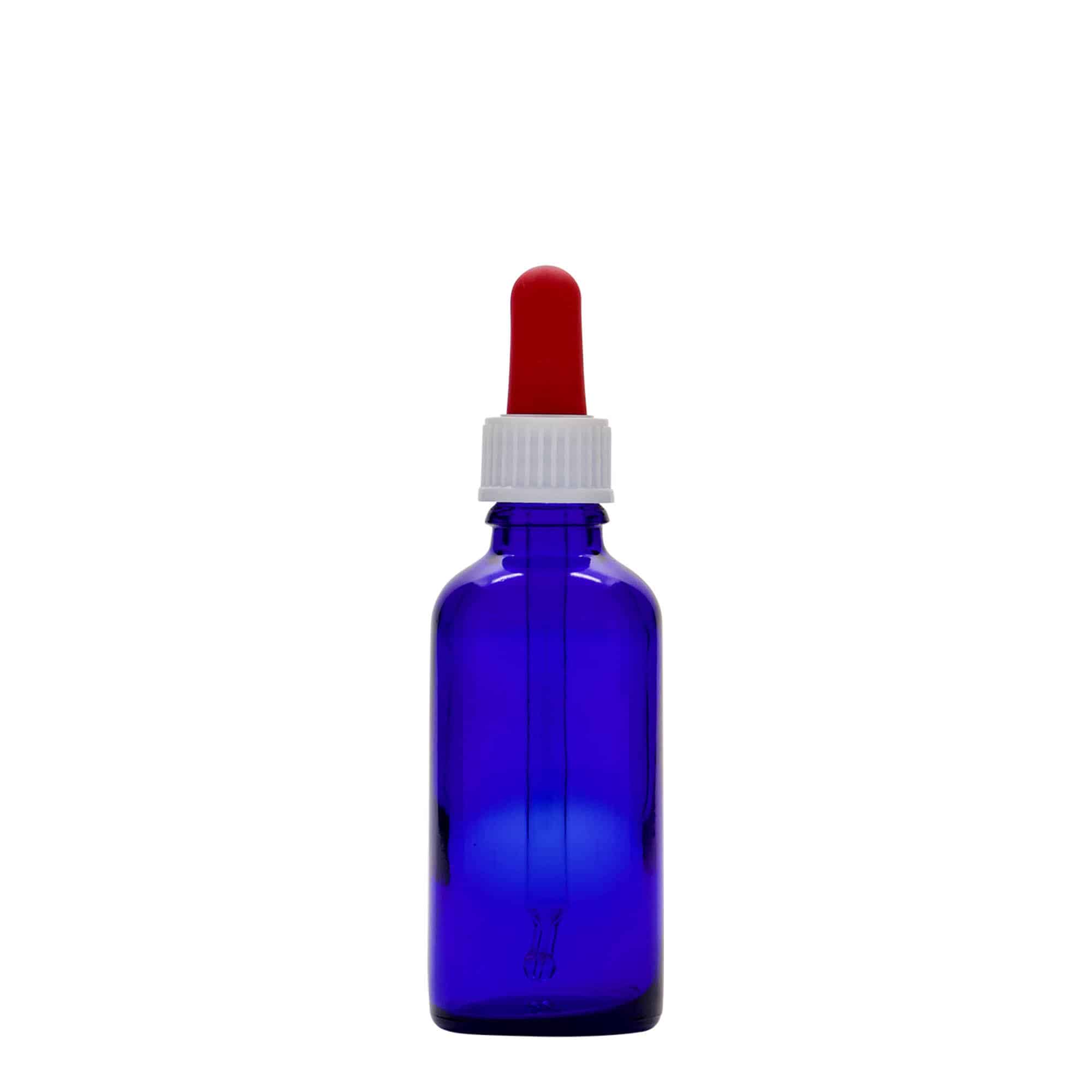 50 ml zāļu pudelīte ar pipeti, stikla, karaliski zila/sarkana, aizdare: DIN 18 50 ml zāļu pudelīte ar pipeti, stikla, karaliski zila/sarkana, aizdare: DIN 18