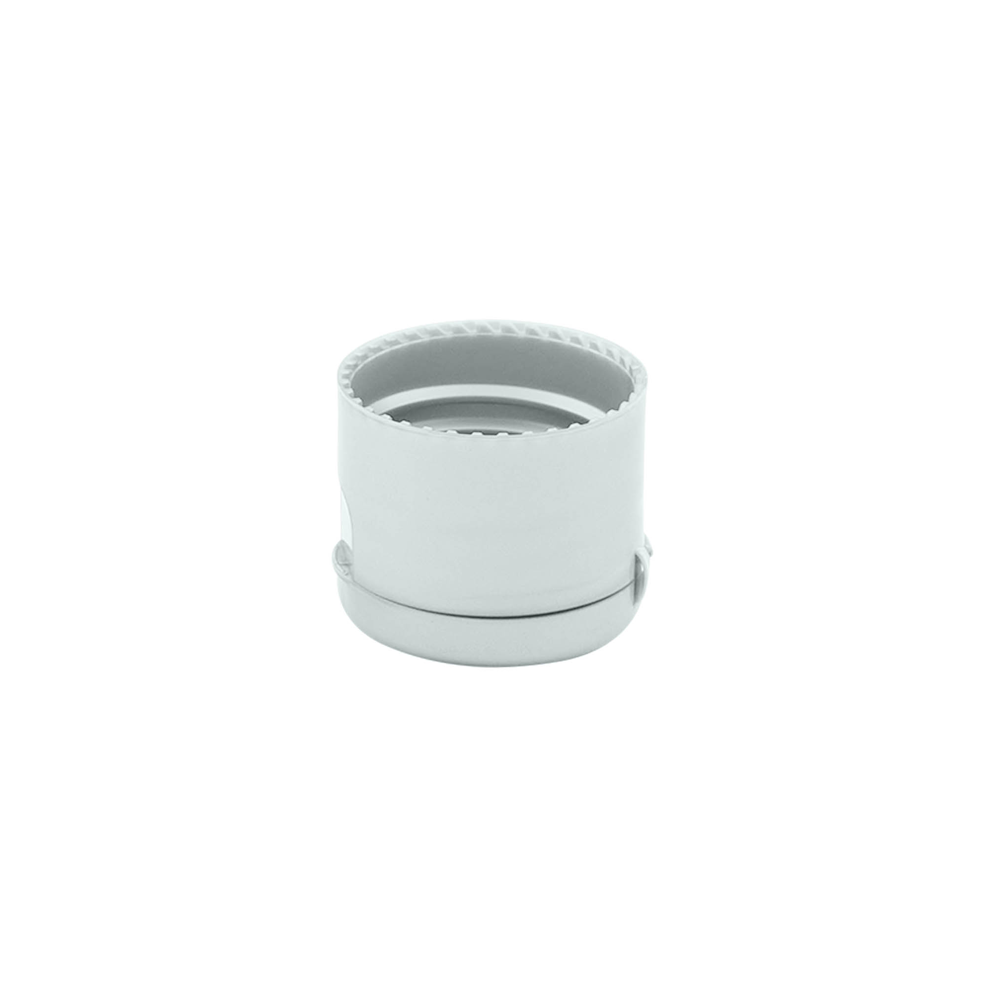 Skrūvējams vāciņš ar locīklodziņu, PP plastmasa, sudraba krāsā, mutes izmērs: 24/410