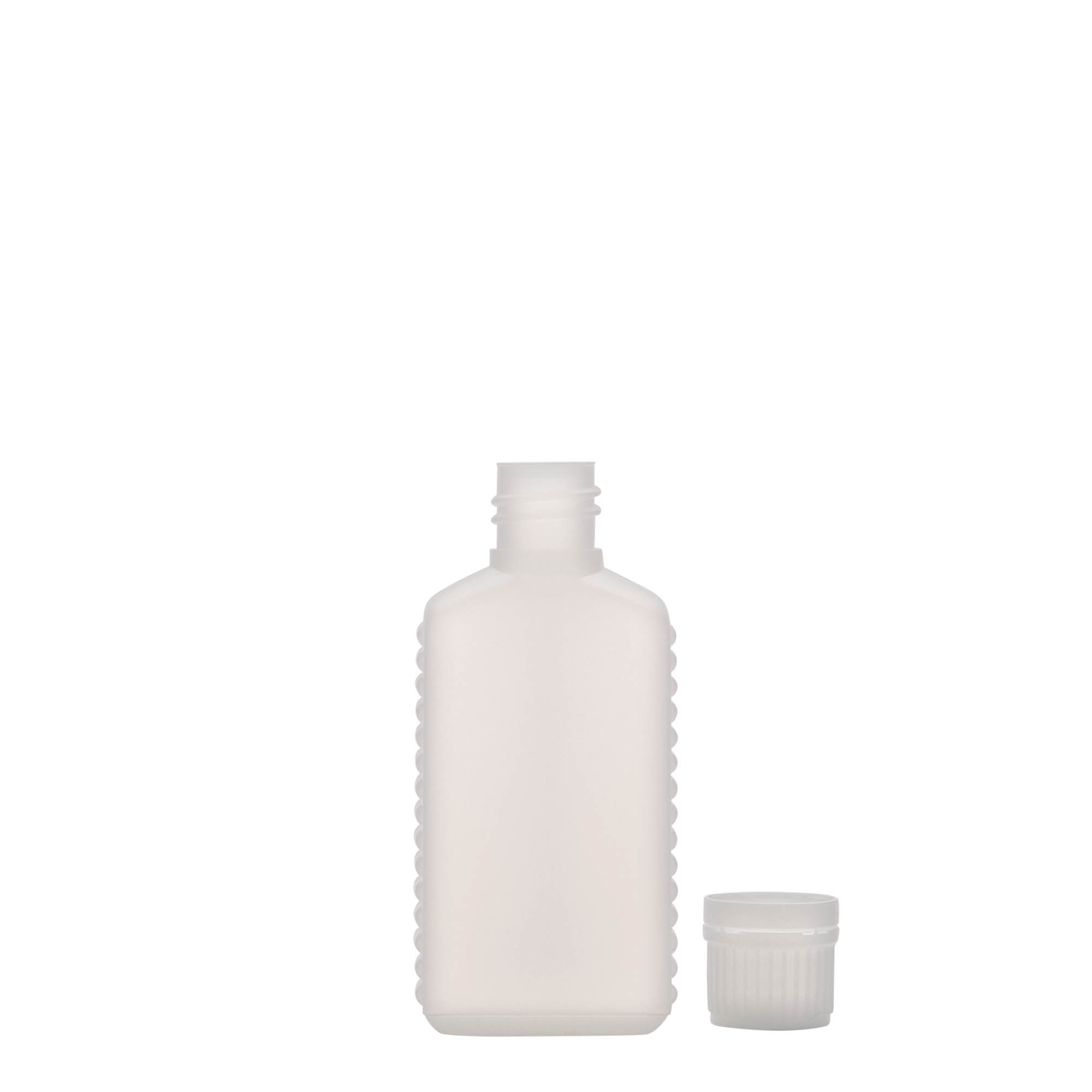 50 ml kanistra pudele ar šauru kakliņu, taisnstūrveida, HDPE plastmasa, dabīga, atvere: DIN 18 50 ml kanistra pudele ar šauru kakliņu, taisnstūrveida, HDPE plastmasa, dabīga, atvere: DIN 18