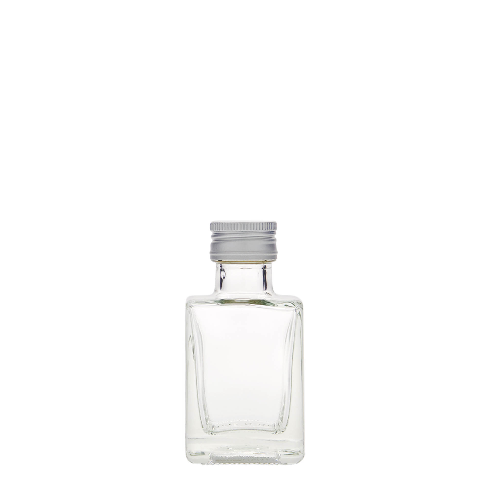 50 ml stikla pudele 'Cube', kvadrātiska, atvere: PP 24 50 ml stikla pudele 'Cube', kvadrātiska, atvere: PP 24
