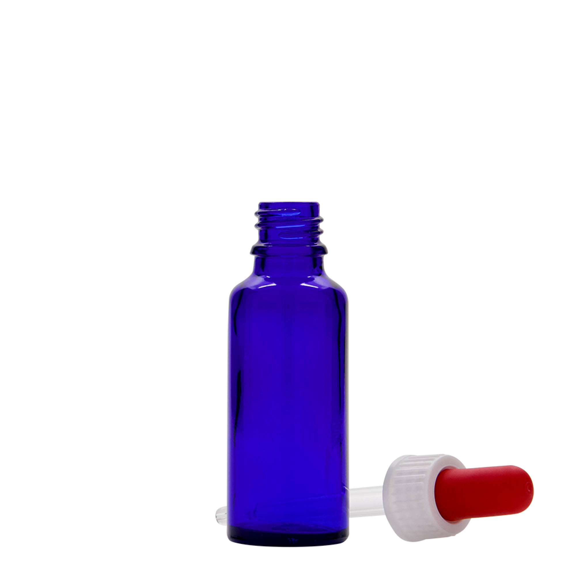 30 ml pilināmā pudelīte medicīnai, stikls, karaliski zils-sarkans, atvere: DIN 18 30 ml pilināmā pudelīte medicīnai, stikls, karaliski zils-sarkans, atvere: DIN 18