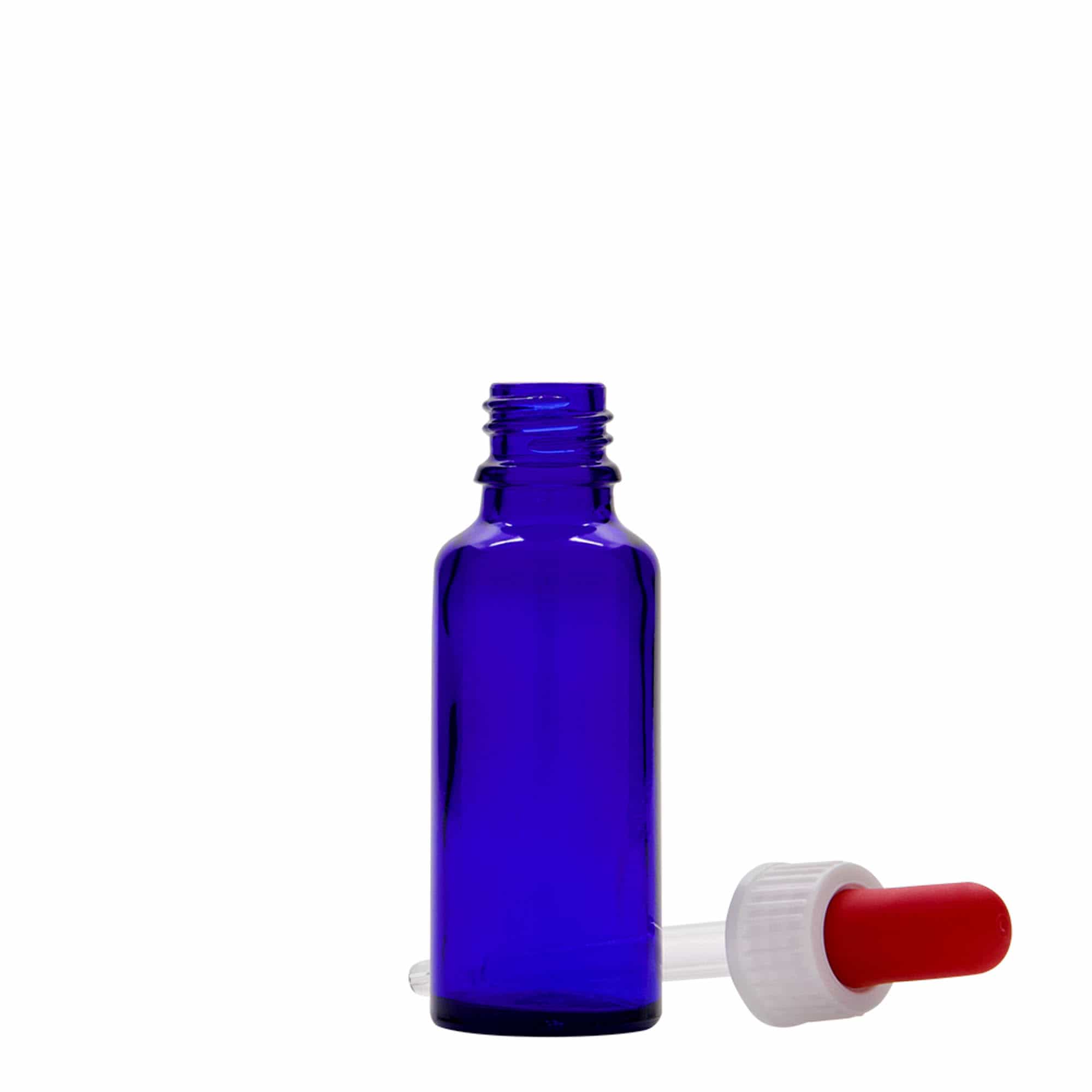 30 ml pilināmā pudelīte medicīnai, stikls, karaliski zils-sarkans, atvere: DIN 18