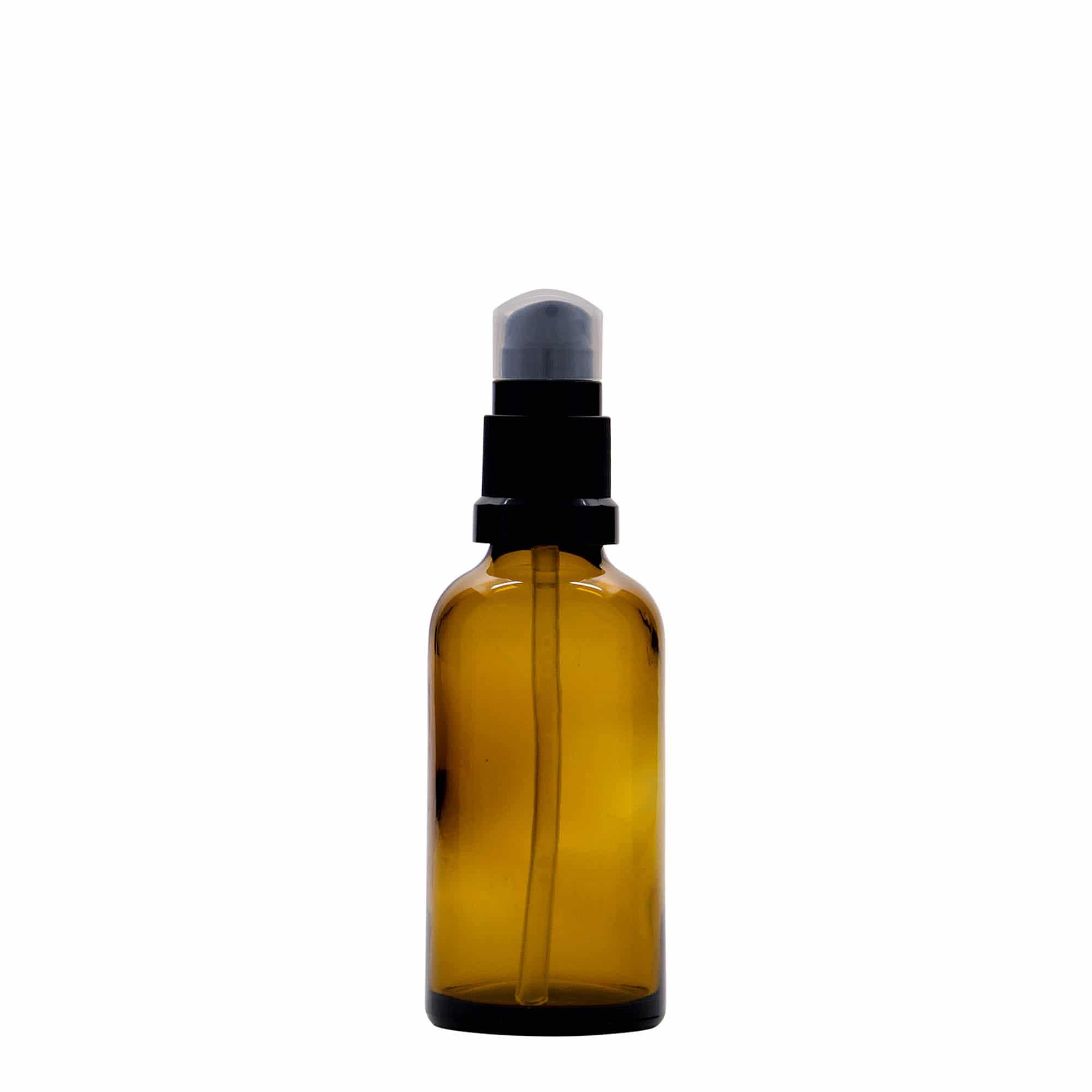50 ml zāļu pudelīte ar losjona pumpīti, stikla, brūna, aizdare: DIN 18 50 ml zāļu pudelīte ar losjona pumpīti, stikla, brūna, aizdare: DIN 18