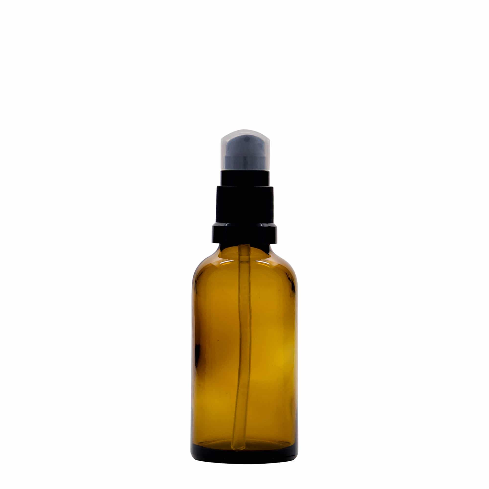 50 ml medicīnas pudelīte ar losjona sūkni, stikls, brūna, atvere: DIN 18